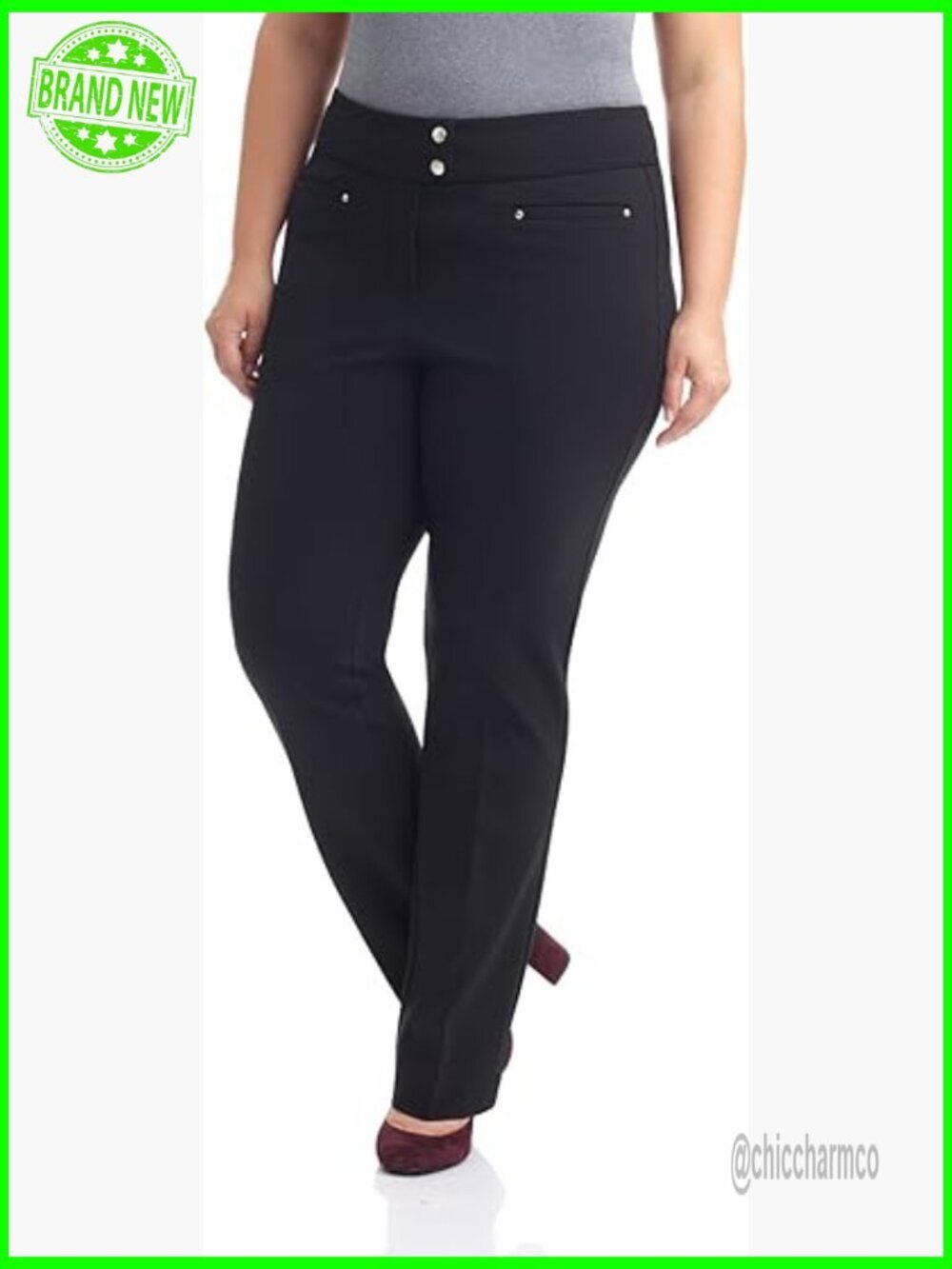 Plus Size Ponte Knit Straight Leg Pants with Tummy Control Panel